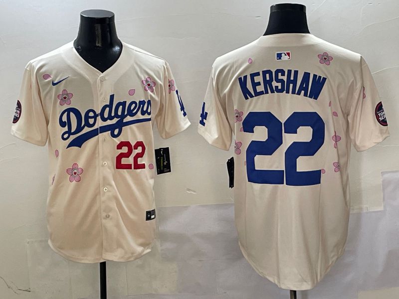 Men Los Angeles Dodgers #22 Kershaw Cream White Blue Sakura Edition 2025 Nike MLB Jersey style 1->los angeles dodgers->MLB Jersey